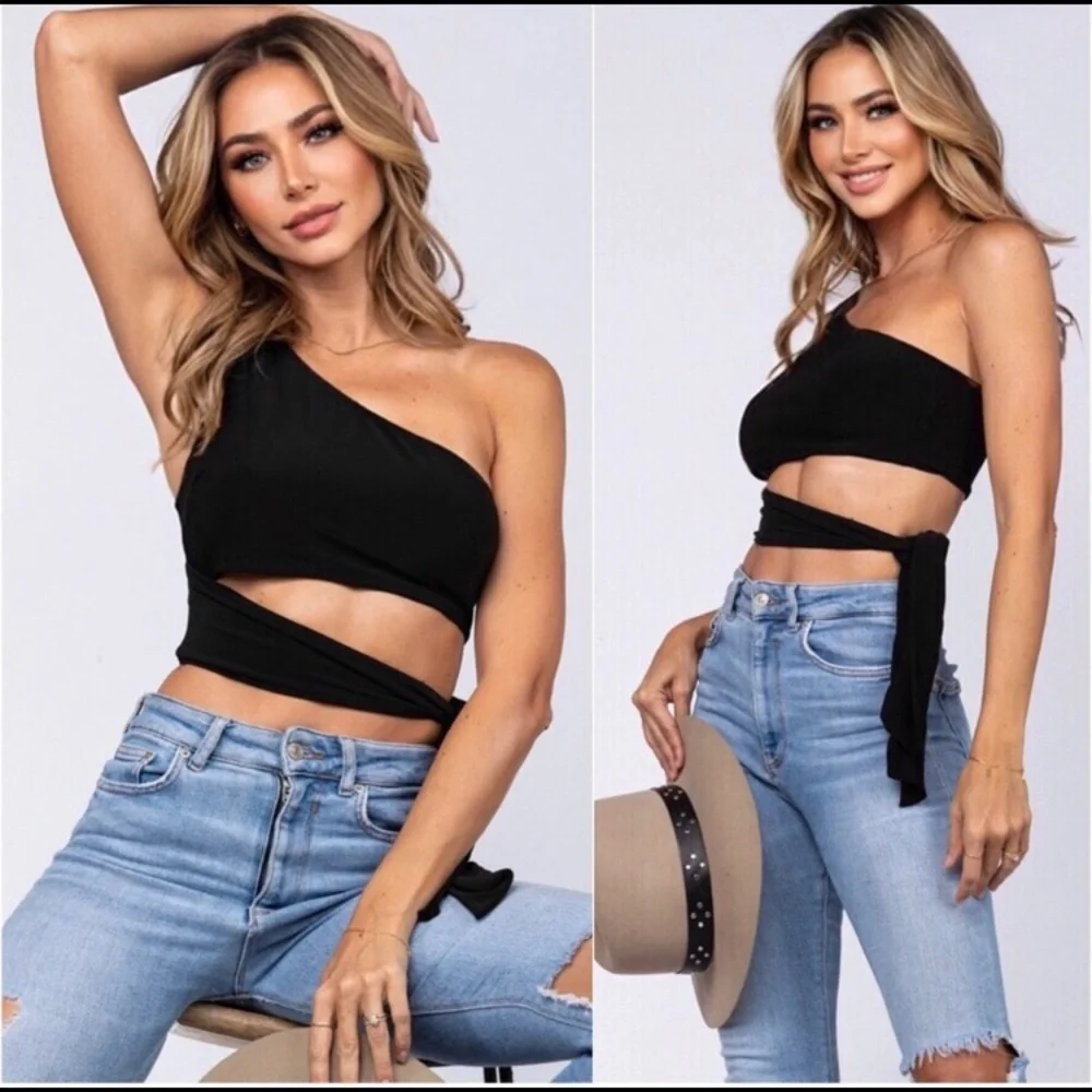 Cropped wrap sexy stretchy black crop top - Picture 2 of 4